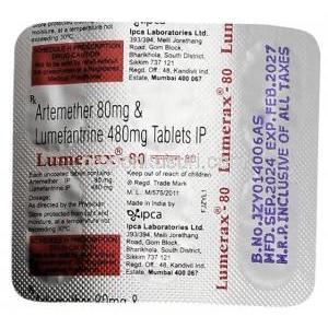 ルメラックス 80, アルテメテル 80mg/ ルメファントリン 480mg, 製造元： Ipca Laboratories, シート情報