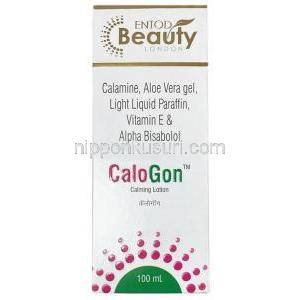 カロゴンローション, Calamine 8%/ カラミン 8%/ アロエベラ 10%/ 流動パラフィン 10%, ローション100mL, 製造元：Entod Pharmaceuticals Ltd, 箱表面