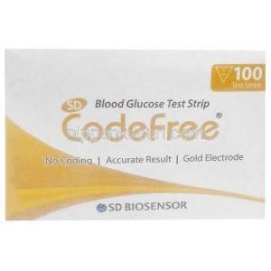 コードフリー血糖値モニタリング テストストリップ, 100枚(1 箱), 製造元：SD Biosensor Healthcare Pvt Ltd, 箱表面