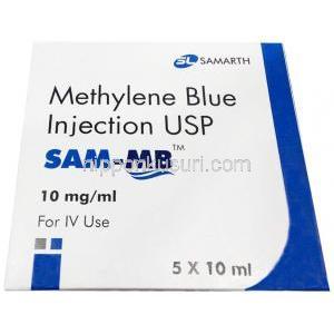 サムMB 注射, メチレンブルー 1mL あたり 10 mg , アンプル 5本, 製造元： T.Walker's Pharmaceuticals PVT.Ltd, 箱表面