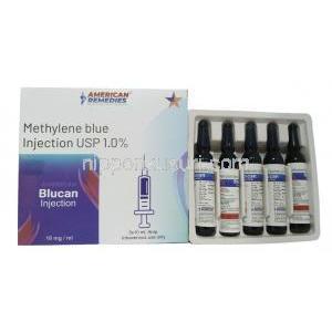 ブルーカン注射, メチレンブルー 1.0%, アンプル 10mL X 5,製造元：American  Remedies, 箱, アンプル