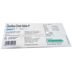クロフェルト 50, クロミフェン 50mg, 製造元：Maneesh Pharmaceuticals, 箱情報