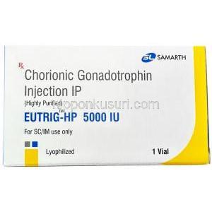 ユートリグHP注射, ヒト絨毛性ゴナドトロピン (hCG) 5000 IU, バイアル, 製造元：Samarth Life Sciences Pvt Ltd, 箱表面