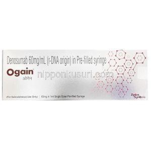 オゲイン プレフィルドシリンジ注射, デノスマブ 60 mg, 注射薬 1 mL, 製造元：Zydus Cadila, 箱表面