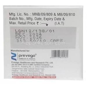 パンクレオテ, パンクレアチン 150 mg (10000),カプセル, 製造元：Prevego Healthcare & Research Private Limited,箱情報, 製造日, 消費期限