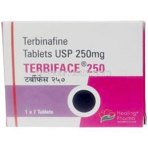 テルビフェイス,テルビナフィン 250 mg, 製造元：Healing Pharma India Pvt Ltd, 箱表面