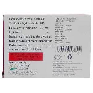 テルビフェイス,テルビナフィン 250 mg, 製造元：Healing Pharma India Pvt Ltd, 箱情報, 製造日, 消費期限, 製造元