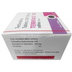 テルビフェイス,テルビナフィン 250 mg, 製造元：Healing Pharma India Pvt Ltd, 箱側面情報, 成分, 保管方法