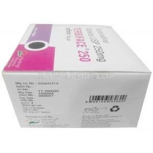 テルビフェイス,テルビナフィン 250 mg, 製造元：Healing Pharma India Pvt Ltd, 箱側面情報,製造日, 消費期限