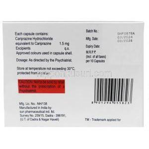 カリスペック, カリプラジン 1.5 mg, 製造元：Sun Pharmaceutical Industries Ltd,箱情報