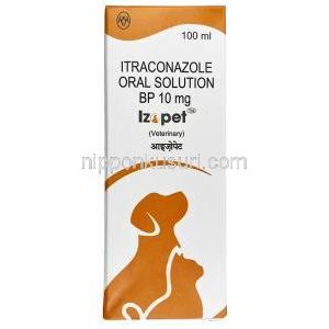 イゾペット ペット用経口液, イトラコナゾール 10mg, 経口液 100 mL, 製造元：Intas Pharmaceuticals, 箱表面