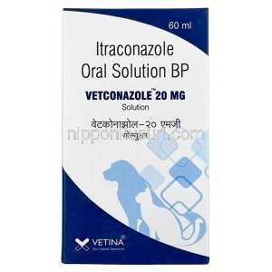 ベトコナゾール ペット用 経口液, イトラコナゾール20 mg, 経口液 60 mL, 製造元：Vetina, 箱表面