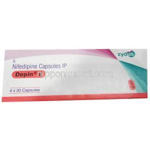 デピン 5, ニフェジピン 5mg, カプセル,製造元： Zydus Cadila, 箱表面