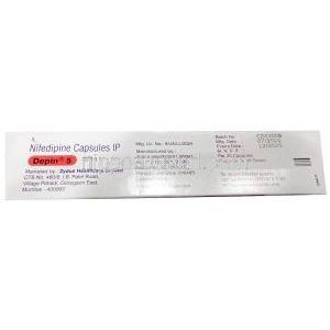 デピン 5, ニフェジピン 5mg, カプセル,製造元： Zydus Cadila, 箱情報
