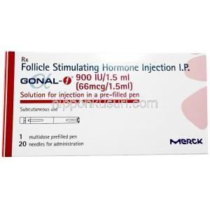 ゴナールエフ注射,  900 IU注射,フォリトロピン 900 IU, 製造元：Merck, 箱表面