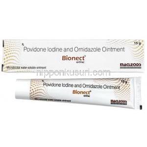 ビオネクト 軟膏, ポビドンヨード 5% w/w/ オルニダゾール 1% w/w, 軟膏 15 g, 製造元：Macleods Pharmaceuticals Pvt Ltd, 箱, チューブ
