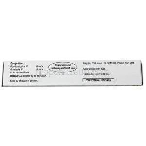 ビオネクト 軟膏, ポビドンヨード 5% w/w/ オルニダゾール 1% w/w, 軟膏 15 g, 製造元：Macleods Pharmaceuticals Pvt Ltd, 箱情報