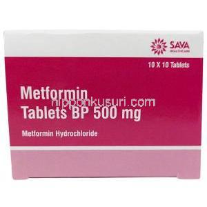 Sava社製メトホルミン, メトホルミン 500 mg, 製造元：SAVA Healthcare Limited, 箱表面