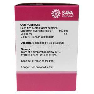 Sava社製メトホルミン, メトホルミン 500 mg, 製造元：SAVA Healthcare Limited, 箱情報, 成分, 保管方法