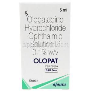 オロパット 点眼薬(保存料なし), オロパタジン 0.1% wv, 点眼薬 5mL, 製造元：Ajanta Pharma, 箱表面