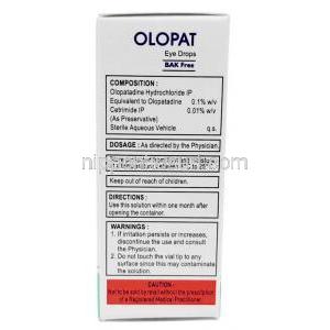オロパット 点眼薬(保存料なし), オロパタジン 0.1% wv, 点眼薬 5mL, 製造元：Ajanta Pharma, 箱情報, 成分