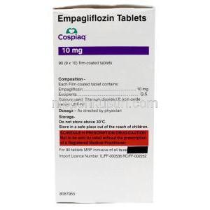 コスピアク,エンパグリフロジン 10mg, 90錠, 製造元：Torrent Pharmaceuticals Ltd,箱情報, 成分
