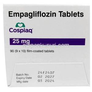 コスピアク,エンパグリフロジン 25mg, 90錠, 製造元：Torrent Pharmaceuticals Ltd,箱情報, 製造日, 消費期限