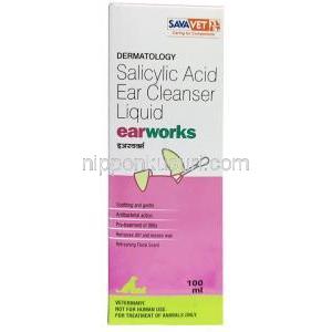 イヤーワークス ペット用耳洗浄液, サリチル酸, ペット用耳洗浄液100 mL,製造元：SAVA Healthcare Limited, 箱表面