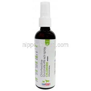 クロルヘックス 抗菌スプレー, グルコン酸クロルヘキシジン 4%, スプレー 100mL, 製造元：Sava healthcare, ボトル表面