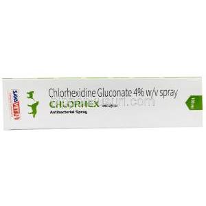 クロルヘックス 抗菌スプレー, グルコン酸クロルヘキシジン 4%, スプレー 100mL, 製造元：Sava healthcare, 箱表面