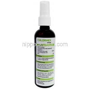 クロルヘックス 抗菌スプレー, グルコン酸クロルヘキシジン 4%, スプレー 100mL, 製造元：Sava healthcare, ボトル情報
