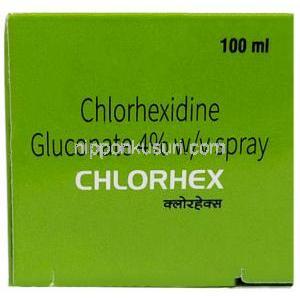 クロルヘックス 抗菌スプレー, グルコン酸クロルヘキシジン 4%, スプレー 100mL, 製造元：Sava healthcare, 箱上面