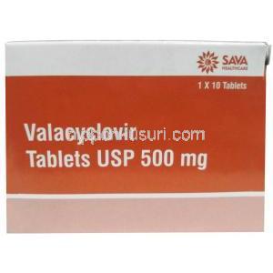 バラシクロビル (Sava 社製）バラシクロビル500 mg, 製造元： Sava  Healthcare, 箱表面