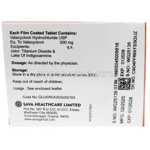 バラシクロビル (Sava 社製）バラシクロビル500 mg, 製造元： Sava  Healthcare, 箱情報