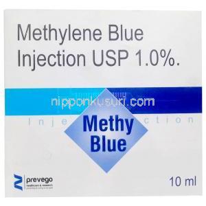 メシーブルー注射, メチレンブルー 1mL あたり10 mg(1%), アンプル 10mL X 5 本,製造元：Shilpa Biosciences, 箱表面