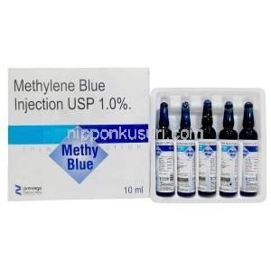 メシーブルー注射, メチレンブルー 1mL あたり10 mg(1%), アンプル 10mL X 5 本,製造元：Shilpa Biosciences, 箱表面, アンプルX 5本