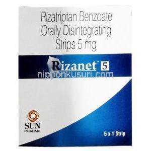リザネット 口腔内崩壊ストリップ, リザトリプタン 5 mg, 製造元：Sun Pharmaceutical Industries, 箱表面