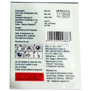 リザネット 口腔内崩壊ストリップ, リザトリプタン 5 mg, 製造元：Sun Pharmaceutical Industries, 箱情報