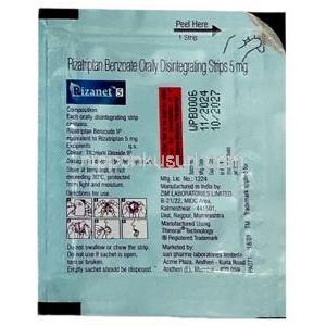 リザネット 口腔内崩壊ストリップ, リザトリプタン 5 mg, 製造元：Sun Pharmaceutical Industries, 口腔内崩壊ストリップ包装