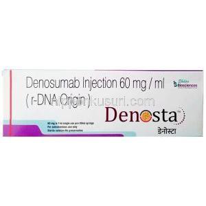 デノスタ注射, デノスマブ 1mLあたり60 mg, Injection 1mL, 製造元：Shilpa Bioscience, 箱表面