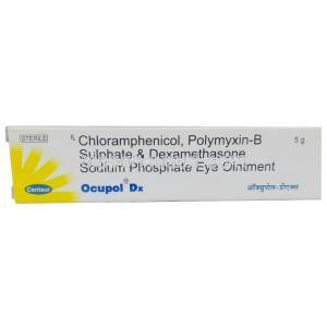オキュポルDX 眼軟膏, クロラムフェニコール10mg/デキサメタゾン1mg/ポリミキシンB10000IU,眼軟膏 5 g, 製造元：Centaur Pharmaceuticals Pvt Ltd, 箱表面