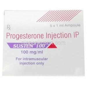サステン 注射, プロゲステロン １ｍL あたり100 mg , 注射アンプル 1mL, 製造元：Sun Pharmaceutical Industries, 箱表面