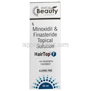 ヘアトップF 局所用液,ミノキシジル 5% wv/ フィナステリド 0.1% wv,ローション 60 mL, 製造元：Entod Pharmaceuticals Ltd, 箱表面