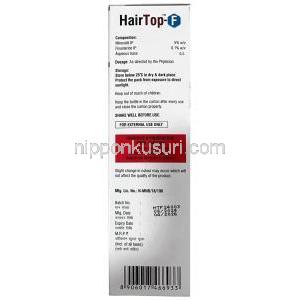 ヘアトップF 局所用液,ミノキシジル 5% wv/ フィナステリド 0.1% wv,ローション 60 mL, 製造元：Entod Pharmaceuticals Ltd, 箱情報, 製造日