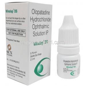 ウィノラップ DS 点眼薬, オロパタジン 0.2%, 点眼薬 2.5 mL, 製造元：Sun Pharmaceutical Industries, 箱, ボトル