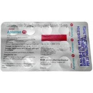 ジュニア アプランソ,ランソプラゾール 15 mg, 製造元：Ajanta Pharma Limited, シート情報