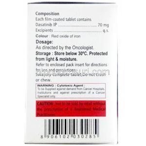 ダサカスト, ダサチニブ 70 mg, 60錠, 製造元：Aprazer, 箱情報,成分