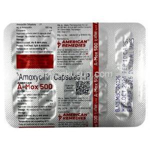 エーモックス, アモキシシリン 500 mg, 製造元：American Remedies, シート情報