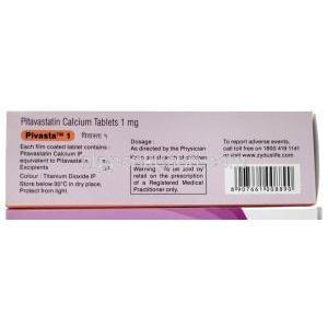 ピバスタ 1, ピタバスタチン 1mg,製造元：Zydus Healthcare, 箱情報, 成分, 注意事項（新包装）