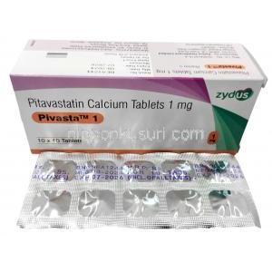 ピバスタ 1, ピタバスタチン 1mg,製造元：Zydus Healthcare, 箱表面, シート儒法（新包装）